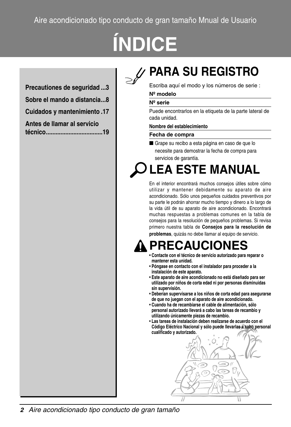 Índice, Para su registro, Lea este manual | Precauciones | LG B120AH User Manual | Page 2 / 25