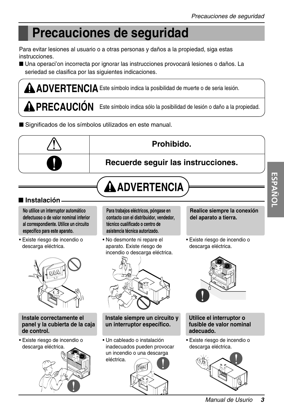 Precauciones de seguridad, Advertencia, Advertencia precaución | Español, Prohibido. recuerde seguir las instrucciones | LG B120AH User Manual | Page 3 / 25