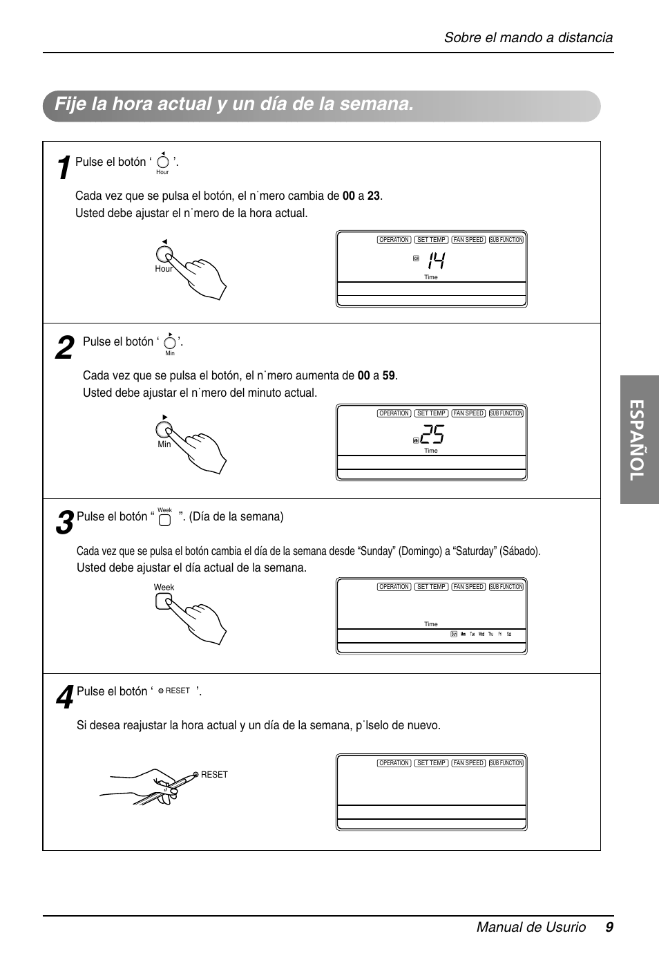 Español, Fije la hora actual y un día de la semana, Sobre el mando a distancia manual de usurio 9 | LG B120AH User Manual | Page 9 / 25