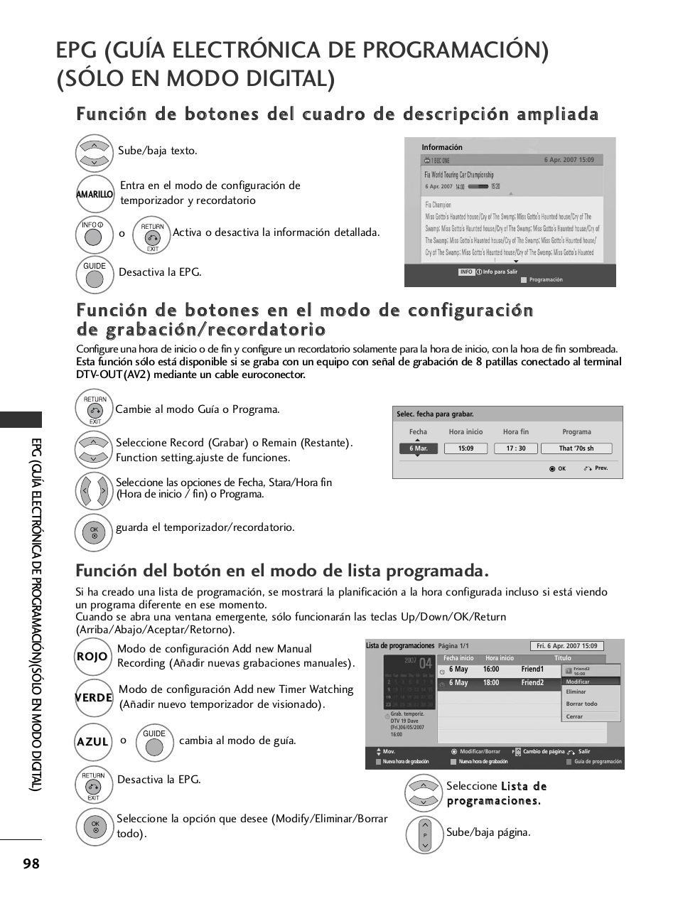 Función del botón en el modo de lista programada | LG 26LH2000 User Manual | Page 100 / 162