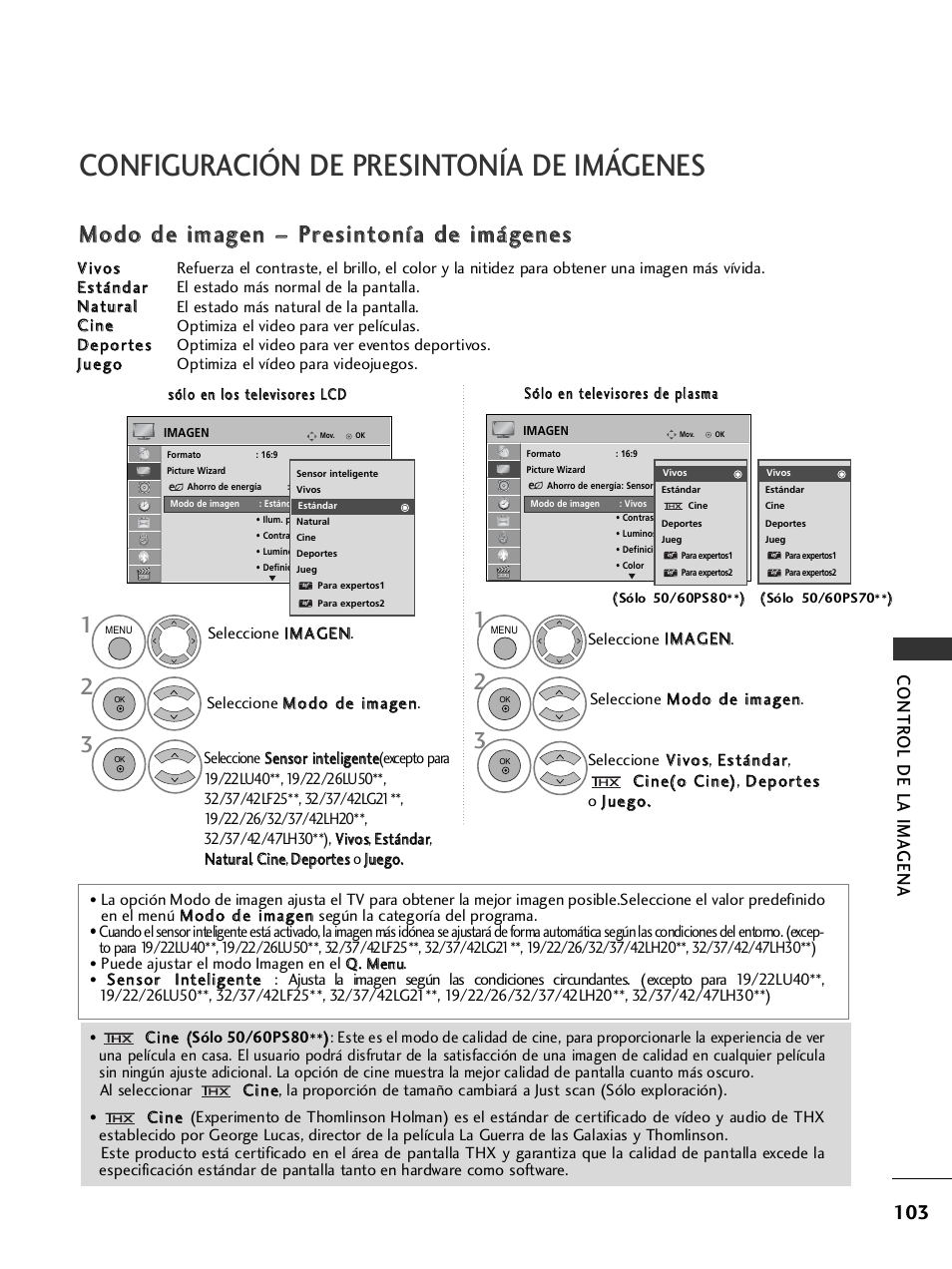 Configuración de presintonía de imágenes, Contr ol de la ima gena | LG 26LH2000 User Manual | Page 105 / 162