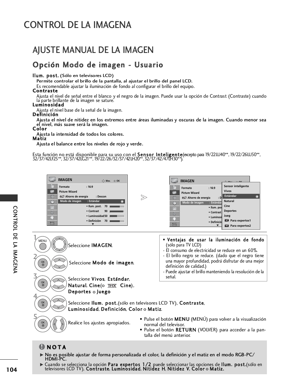 Ajuste manual de la imagen, Control de la imagena, Contr ol de la ima gena | LG 26LH2000 User Manual | Page 106 / 162