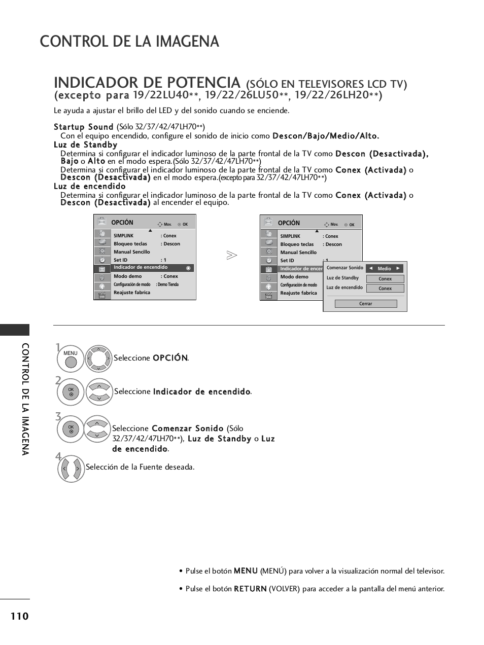 Indicador de potencia, Control de la imagena, Contr ol de la ima gena | LG 26LH2000 User Manual | Page 112 / 162