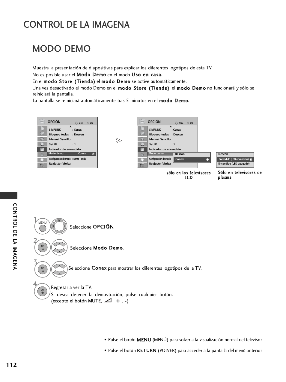 Modo demo, Control de la imagena, Contr ol de la ima gena | LG 26LH2000 User Manual | Page 114 / 162