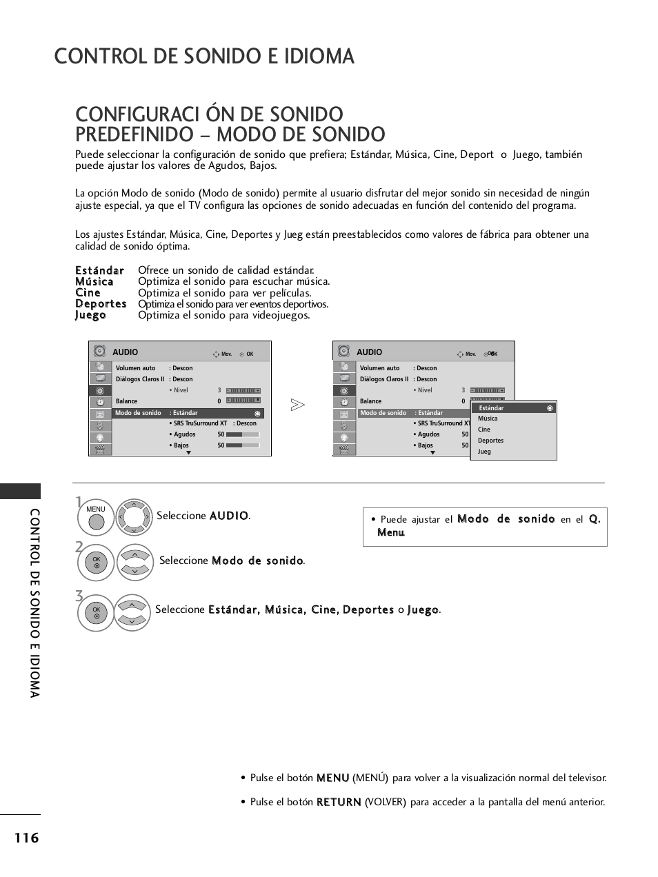 Control de sonido e idioma, Contr ol de sonido e idioma | LG 26LH2000 User Manual | Page 118 / 162