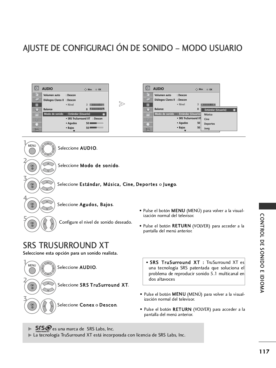Ajuste de configuraci ón de sonido – modo usuario, Srs trusurround xt, Contr ol de sonido e idioma | LG 26LH2000 User Manual | Page 119 / 162