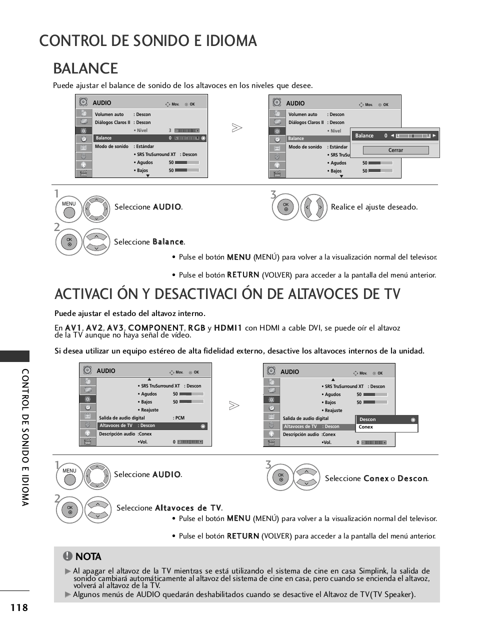 Balance, Activaci ón y desactivaci ón de altavoces de tv, Control de sonido e idioma | Nota, Contr ol de sonido e idioma | LG 26LH2000 User Manual | Page 120 / 162