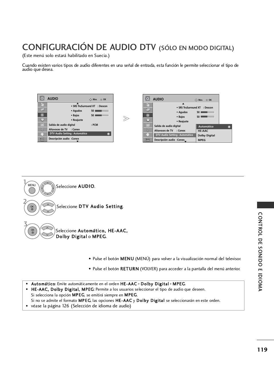 Configuración de audio dtv, Sólo en modo digital), Contr ol de sonido e idioma | LG 26LH2000 User Manual | Page 121 / 162