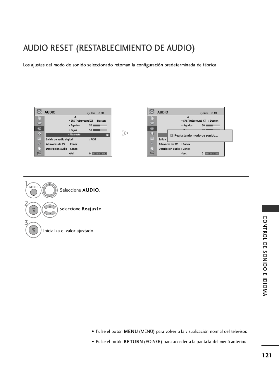 Audio reset (restablecimiento de audio), Contr ol de sonido e idioma | LG 26LH2000 User Manual | Page 123 / 162