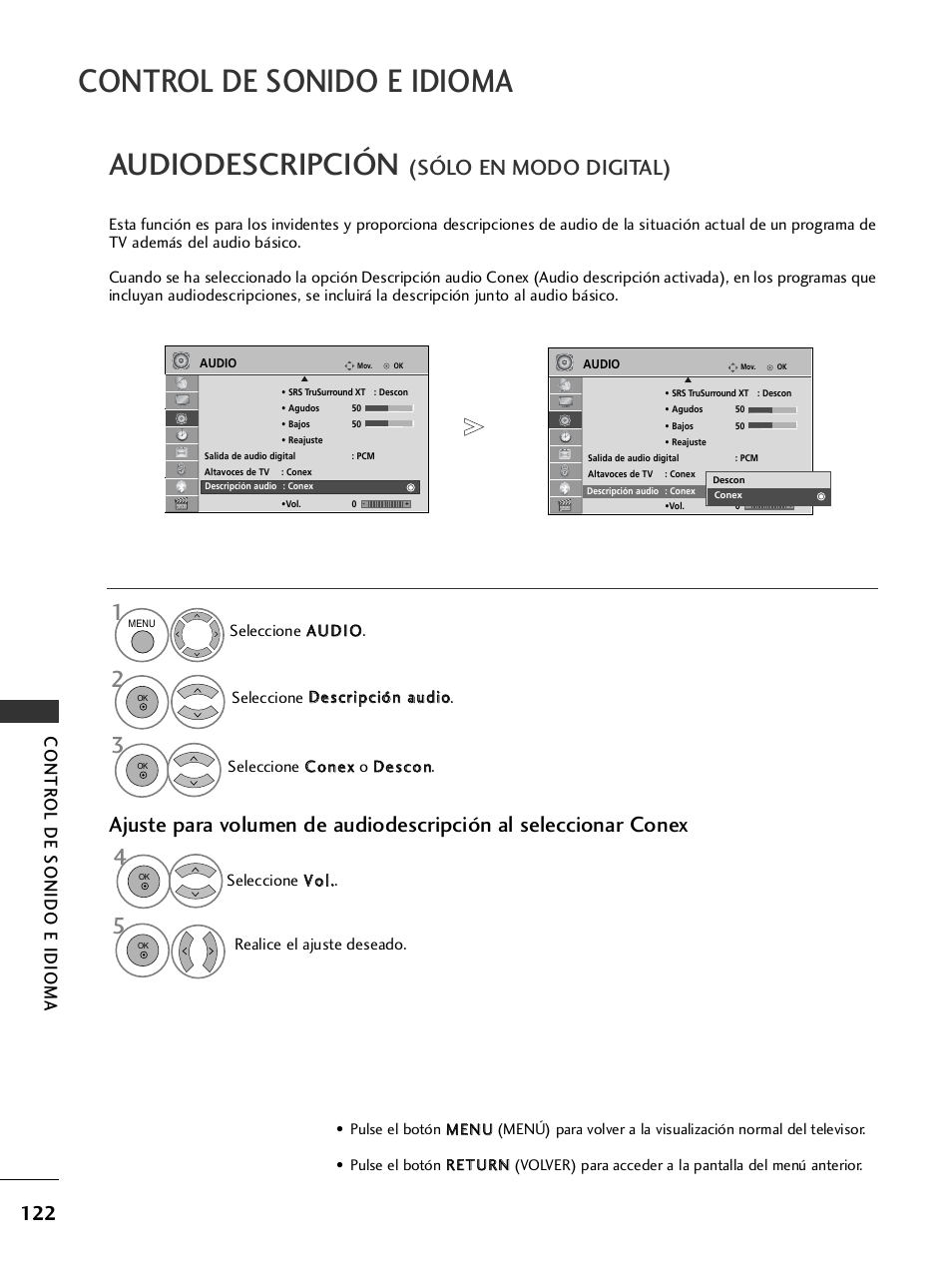 Audiodescripción, Control de sonido e idioma, Sólo en modo digital) | Contr ol de sonido e idioma | LG 26LH2000 User Manual | Page 124 / 162