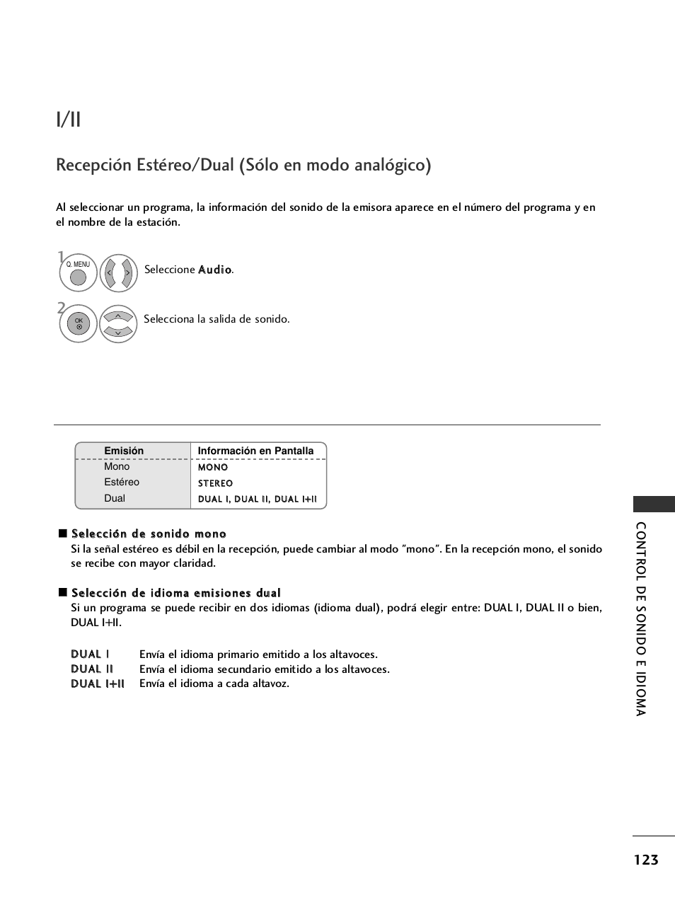 I/ii, Recepción estéreo/dual (sólo en modo analógico), Contr ol de sonido e idioma | LG 26LH2000 User Manual | Page 125 / 162