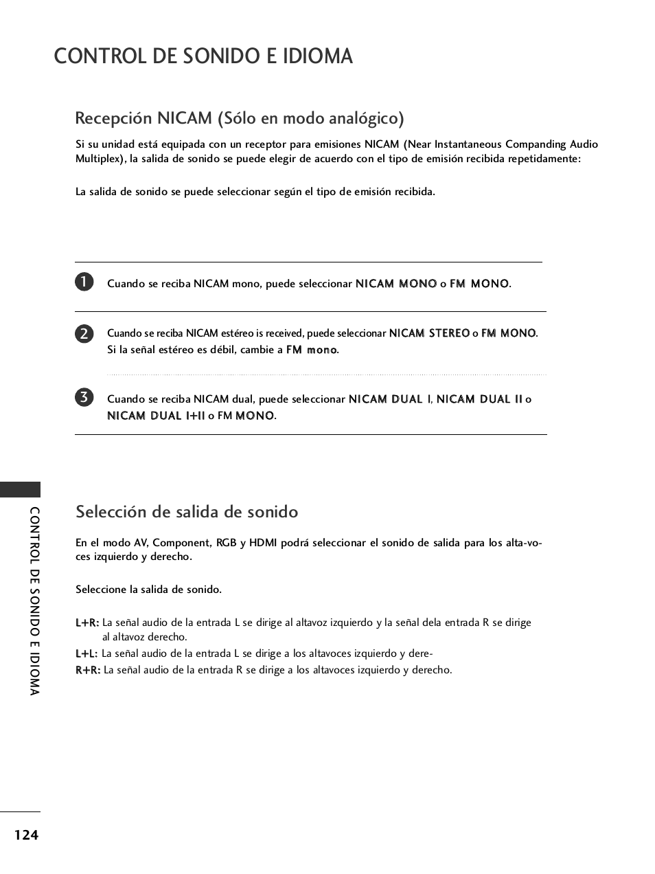 Control de sonido e idioma, Recepción nicam (sólo en modo analógico), Selección de salida de sonido | LG 26LH2000 User Manual | Page 126 / 162