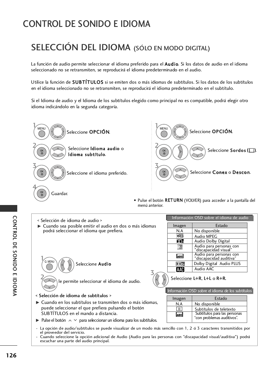 Selección del idioma, Control de sonido e idioma, Sólo en modo digital) | LG 26LH2000 User Manual | Page 128 / 162