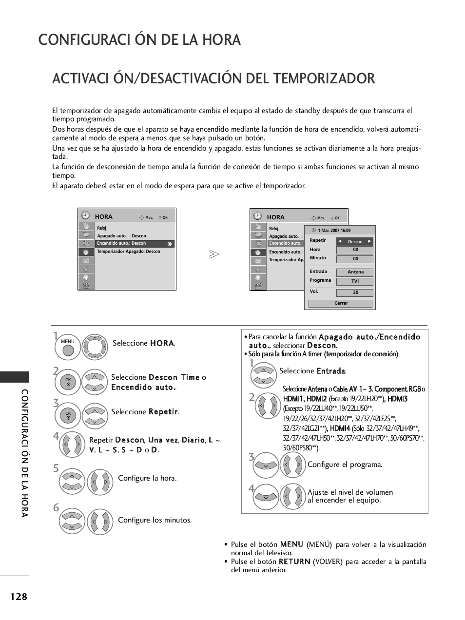 Activaci ón/desactivación del temporizador, Configuraci ón de la hora, Configur a ci ón de la hor a | LG 26LH2000 User Manual | Page 130 / 162