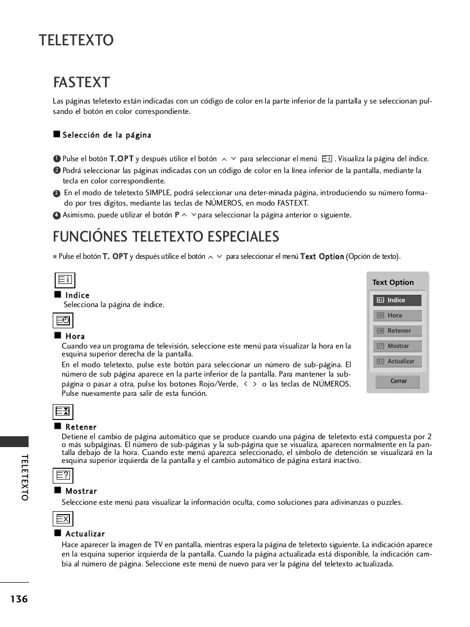 Fastext, Funciónes teletexto especiales, Teletexto | Funciónes teletexto especiales fastext | LG 26LH2000 User Manual | Page 138 / 162