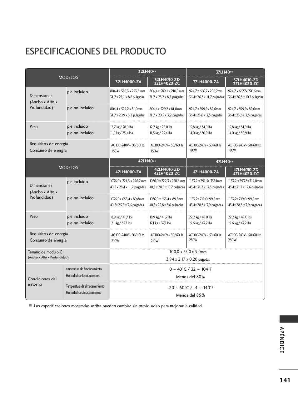 Especificaciones del producto, Apéndice | LG 26LH2000 User Manual | Page 143 / 162