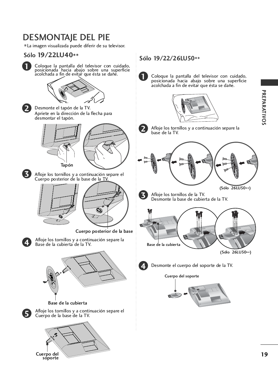 Desmontaje del pie | LG 26LH2000 User Manual | Page 21 / 162