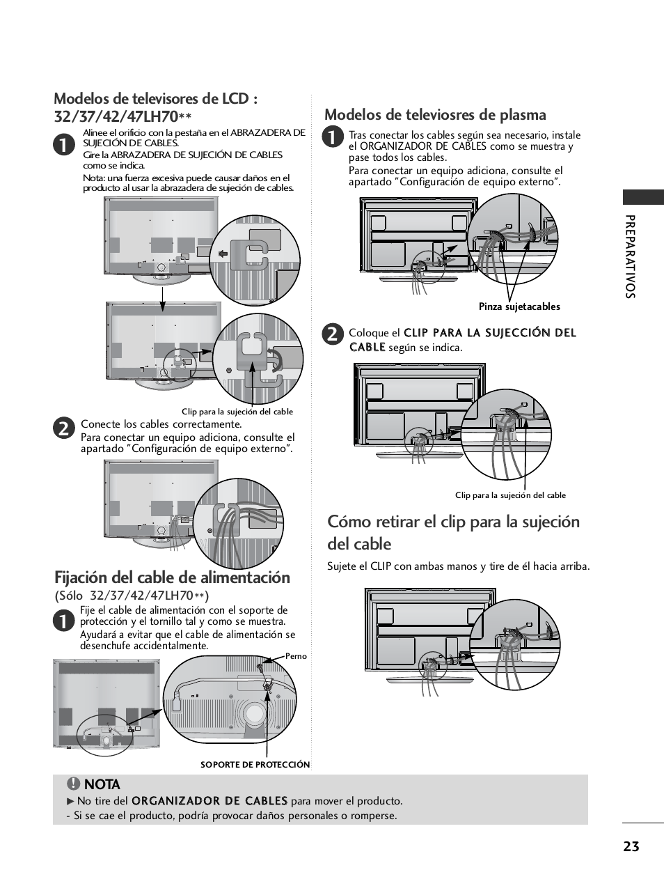 Cómo retirar el clip para la sujeción del cable, Fijación del cable de alimentación, Modelos de televiosres de plasma | Nota | LG 26LH2000 User Manual | Page 25 / 162