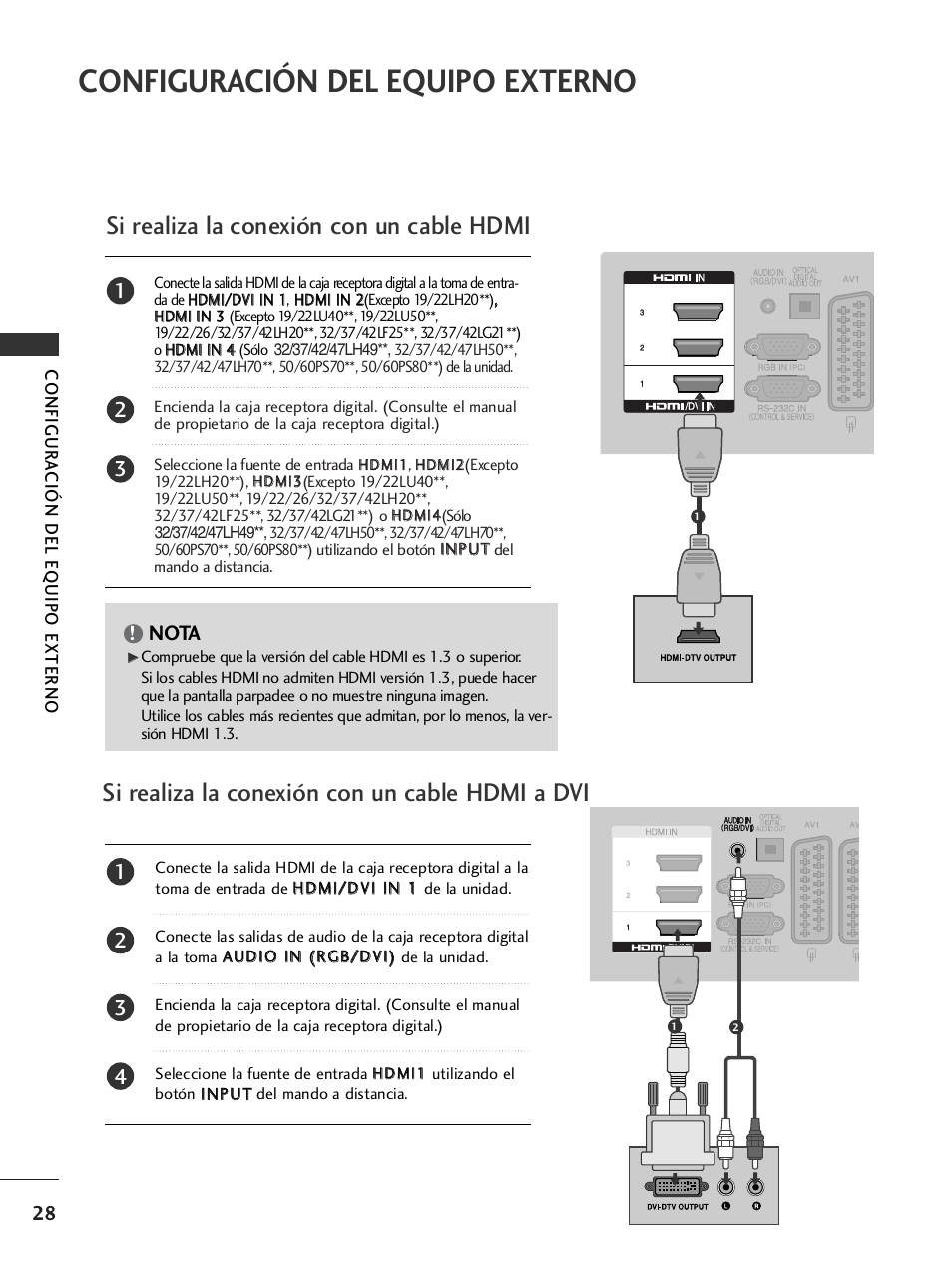 Configuración del equipo externo, Si realiza la conexión con un cable hdmi, Si realiza la conexión con un cable hdmi a dvi | Nota | LG 26LH2000 User Manual | Page 30 / 162