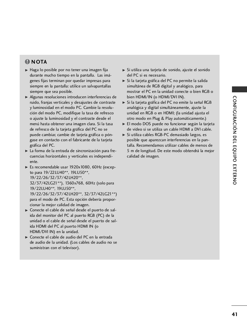 N ota, Configur a ción del eq uipo externo | LG 26LH2000 User Manual | Page 43 / 162