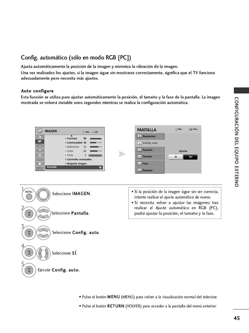 Config. automático (sólo en modo rgb [pc]), Configur a ción del eq uipo externo | LG 26LH2000 User Manual | Page 47 / 162