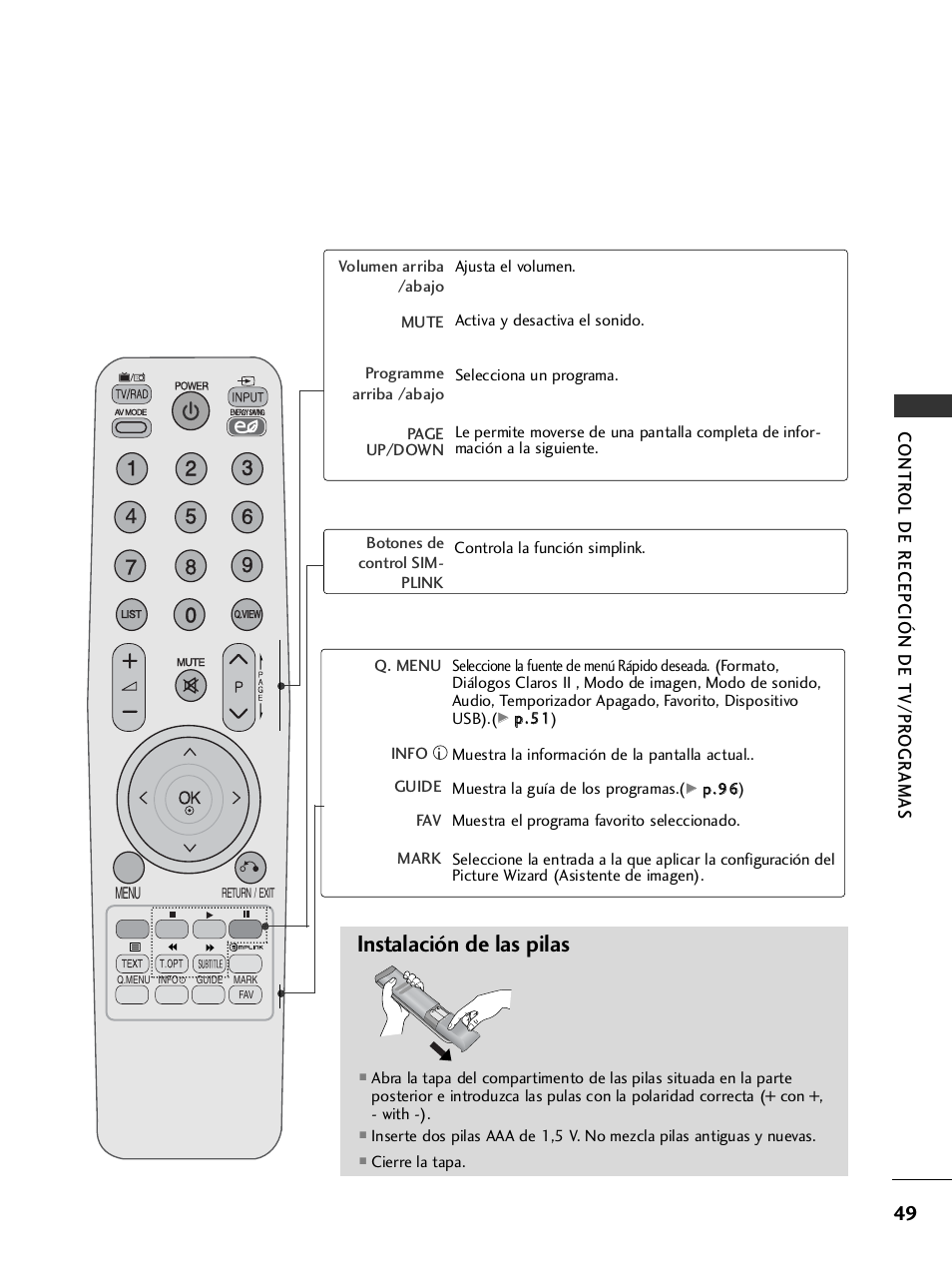 Instalación de las pilas, Contr ol de recepción de tv/pr ogr amas | LG 26LH2000 User Manual | Page 51 / 162