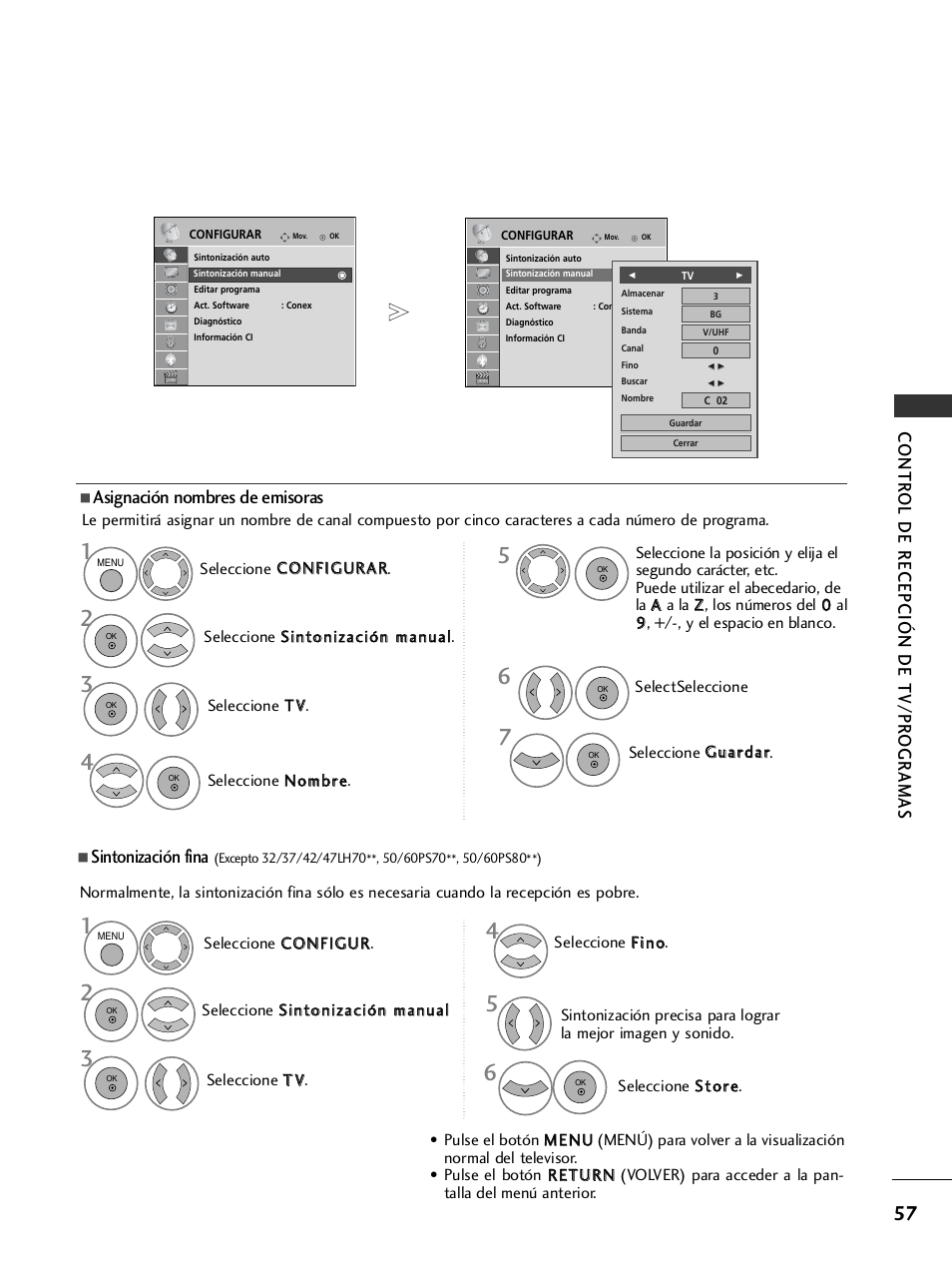 Contr ol de recepción de tv/pr ogr amas, Sintonización fina, Asignación nombres de emisoras | LG 26LH2000 User Manual | Page 59 / 162