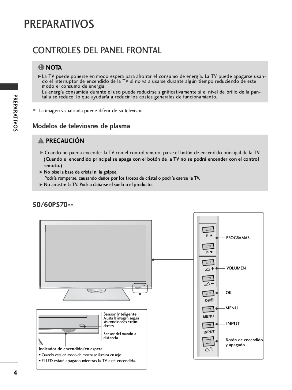 Preparativos, Controles del panel frontal, Modelos de televiosres de plasma | Precaución, Nota | LG 26LH2000 User Manual | Page 6 / 162