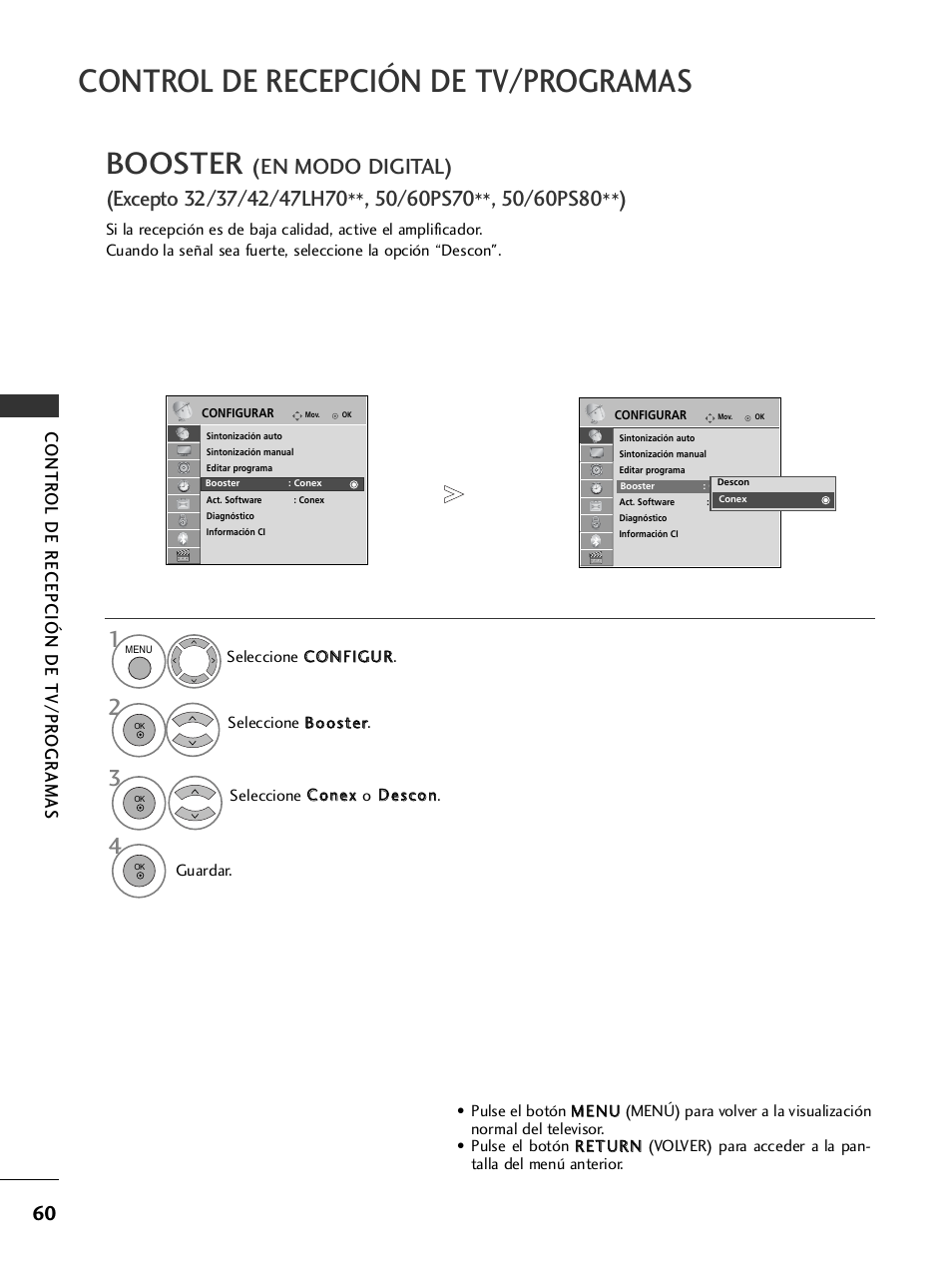 Booster, Control de recepción de tv/programas, Contr ol de recepción de tv/pr ogr amas | LG 26LH2000 User Manual | Page 62 / 162