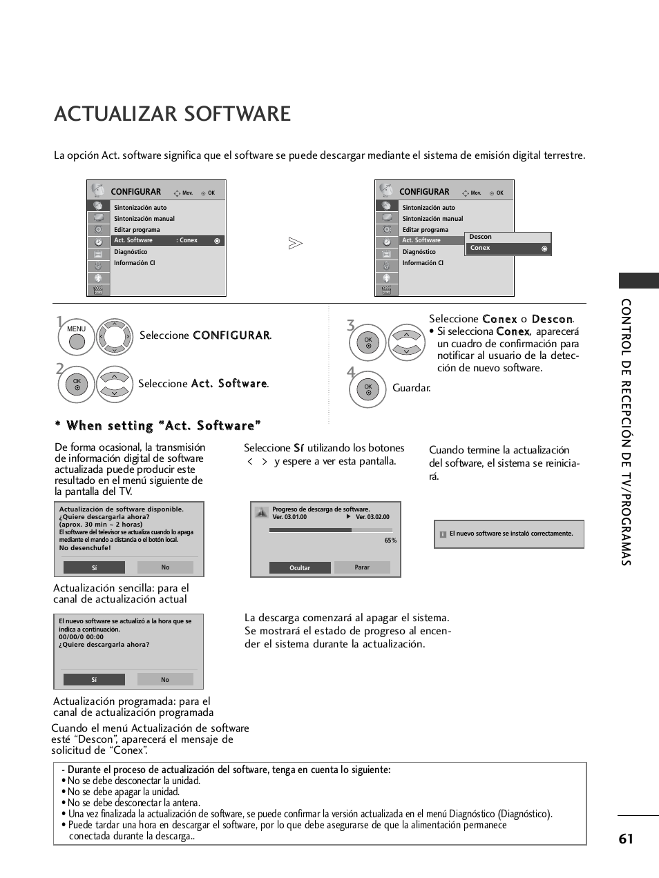 Actualizar software, Contr ol de recepción de tv/pr ogr amas | LG 26LH2000 User Manual | Page 63 / 162