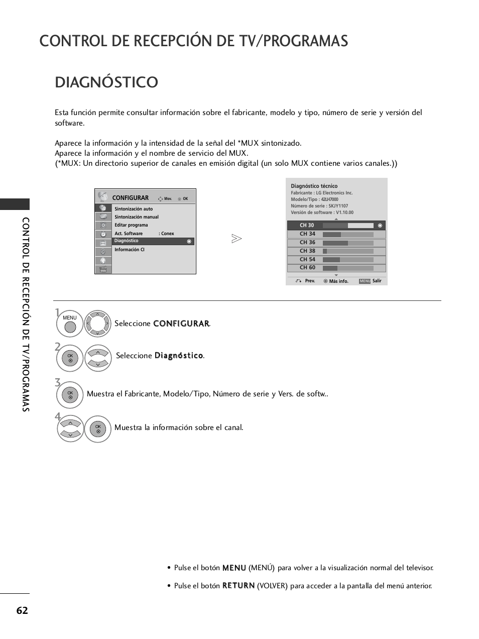 Diagnóstico, Control de recepción de tv/programas, Contr ol de recepción de tv/pr ogr amas | LG 26LH2000 User Manual | Page 64 / 162