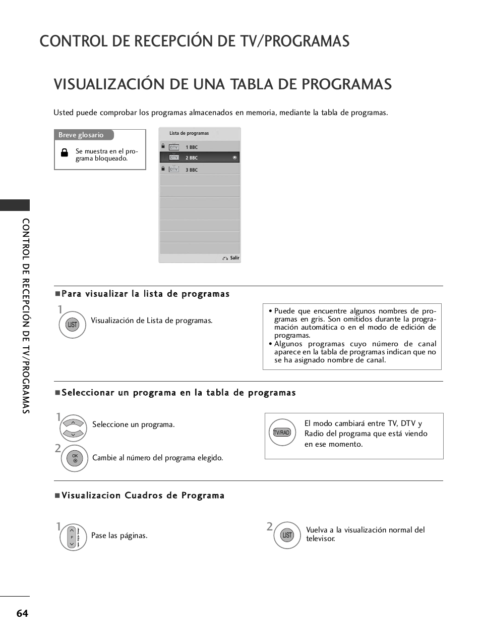 Visualización de una tabla de programa, Control de recepción de tv/programas, Visualización de una tabla de programas | LG 26LH2000 User Manual | Page 66 / 162