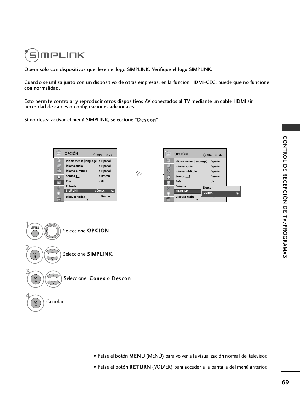 Simplink, Contr ol de recepción de tv/pr ogr amas | LG 26LH2000 User Manual | Page 71 / 162