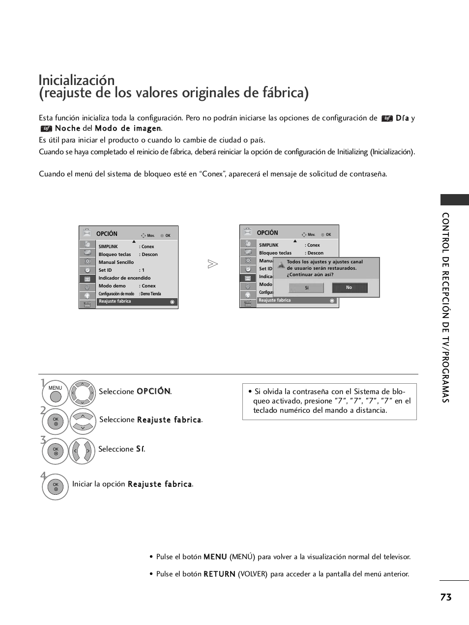 Inicialización, Contr ol de recepción de tv/pr ogr amas | LG 26LH2000 User Manual | Page 75 / 162