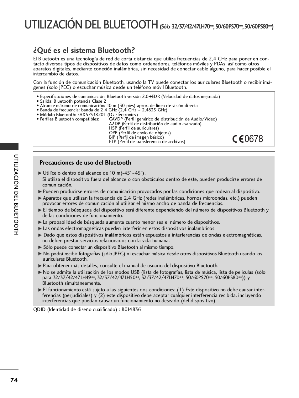 Utilización del bluetooth, Qué es el sistema bluetooth, Precauciones de uso del bluetooth | Utiliza ción del bluet oo th | LG 26LH2000 User Manual | Page 76 / 162