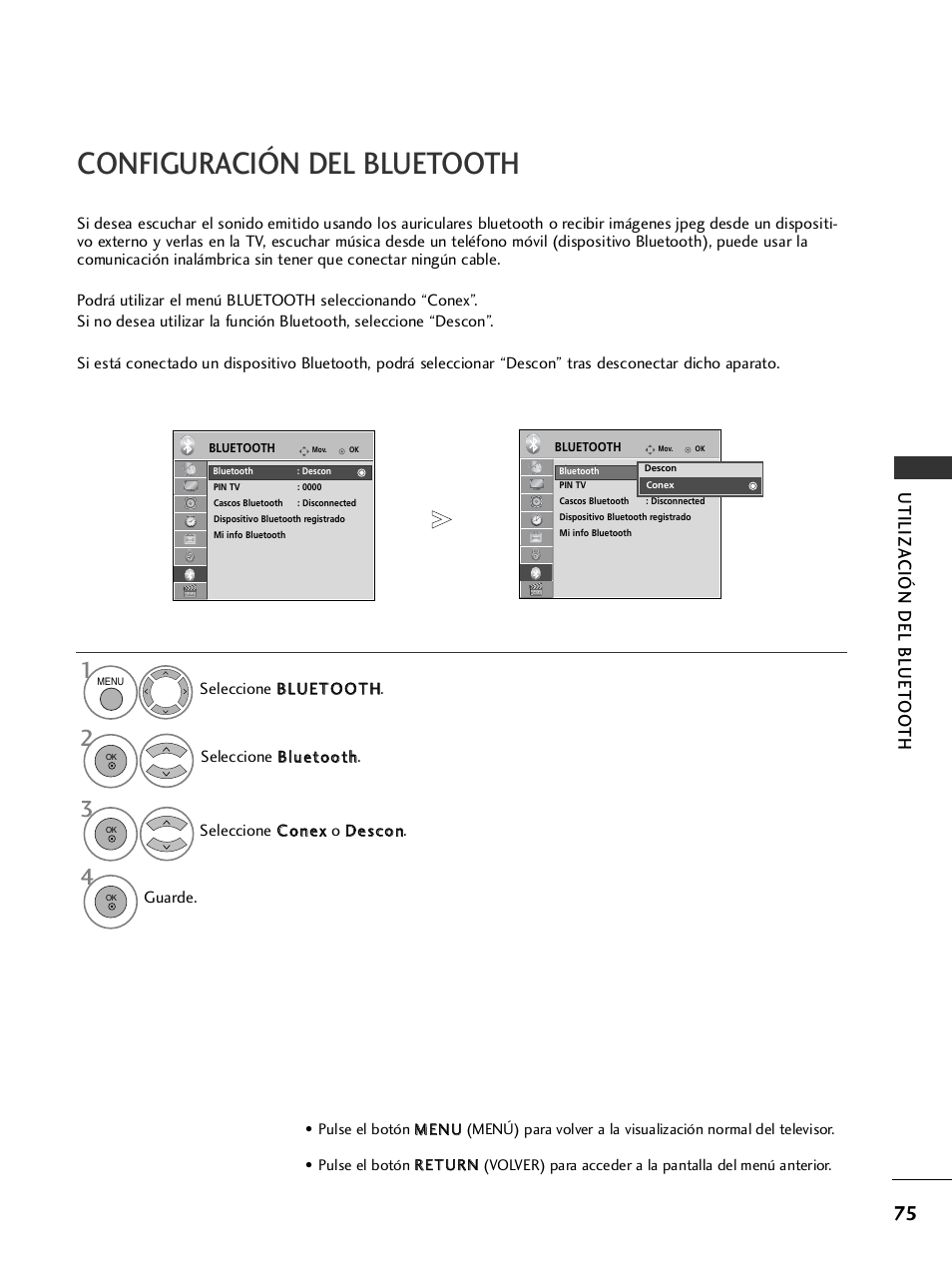 Configuración del bluetooth, Utiliza ción del bluet oo th | LG 26LH2000 User Manual | Page 77 / 162