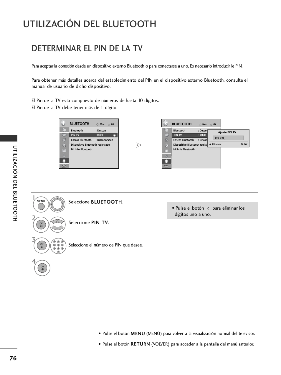 Determinar el pin de la tv, Utilización del bluetooth, Utiliza ción del bluet oo th | LG 26LH2000 User Manual | Page 78 / 162