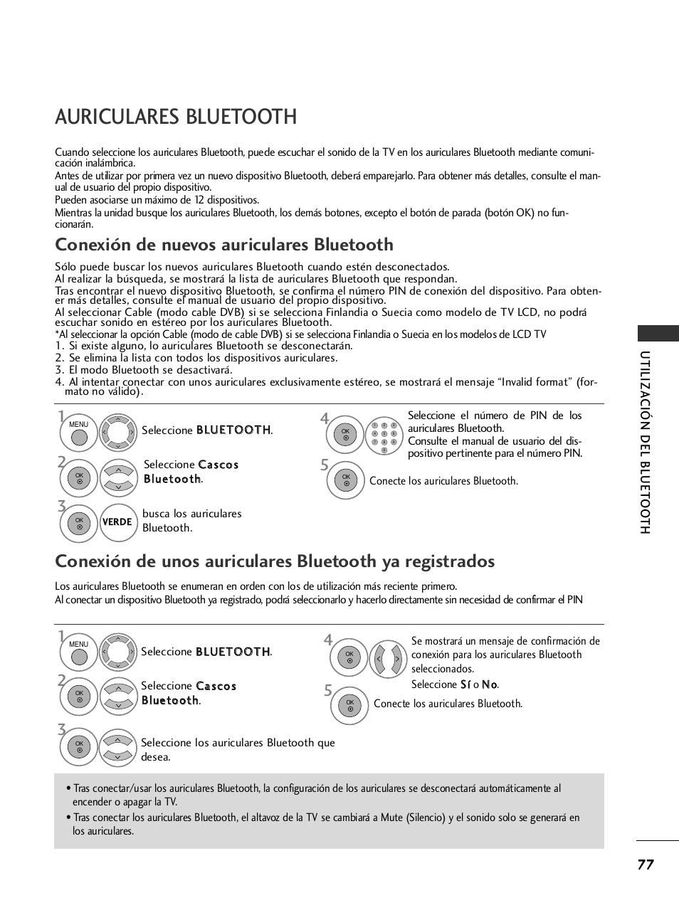 Auriculares bluetooth, Conexión de nuevos auriculares bluetooth, Utiliza ción del bluet oo th | LG 26LH2000 User Manual | Page 79 / 162