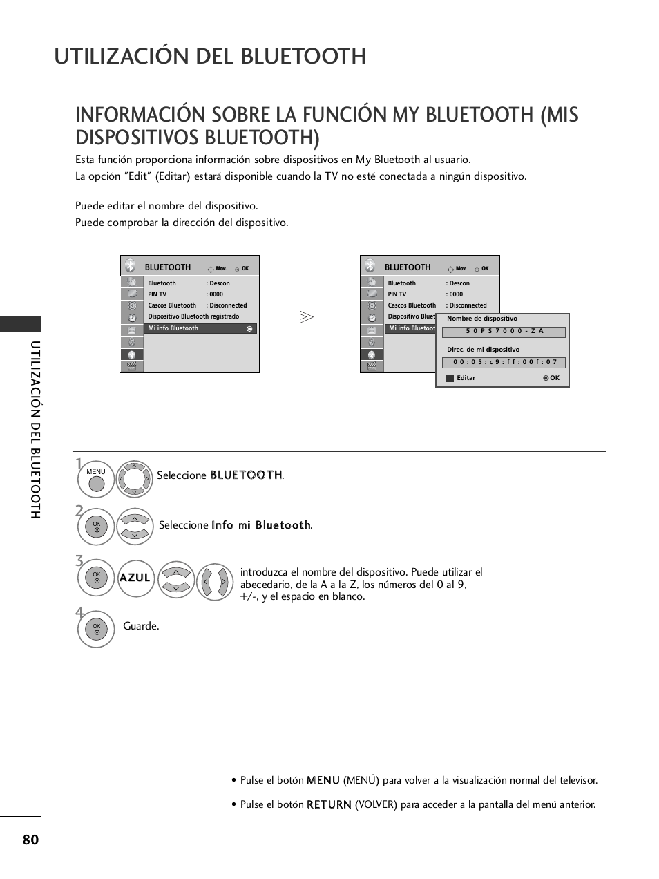 Información sobre la función my bluetooth, Utilización del bluetooth, Utiliza ción del bluet oo th | LG 26LH2000 User Manual | Page 82 / 162