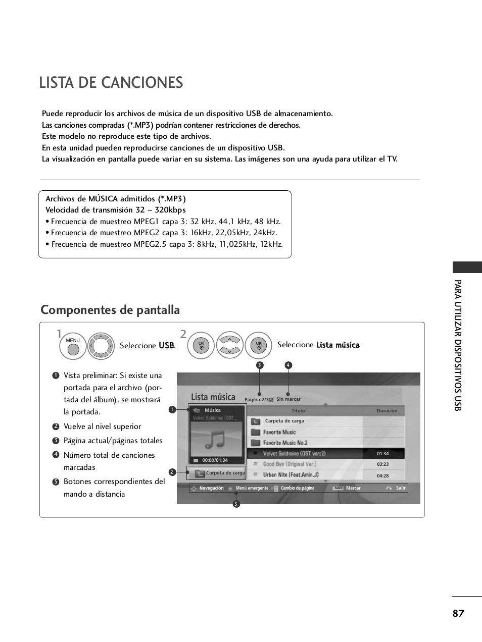 Lista de canciones, Componentes de pantalla, Par a utilizar dispositiv os usb | Lista música | LG 26LH2000 User Manual | Page 89 / 162