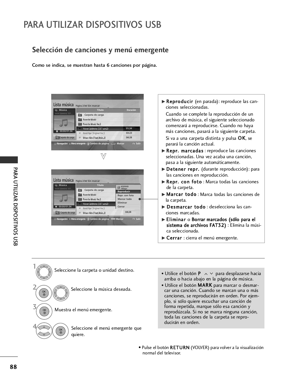 Para utilizar dispositivos usb, Selección de canciones y menú emergente, Par a utilizar dispositiv os usb | LG 26LH2000 User Manual | Page 90 / 162