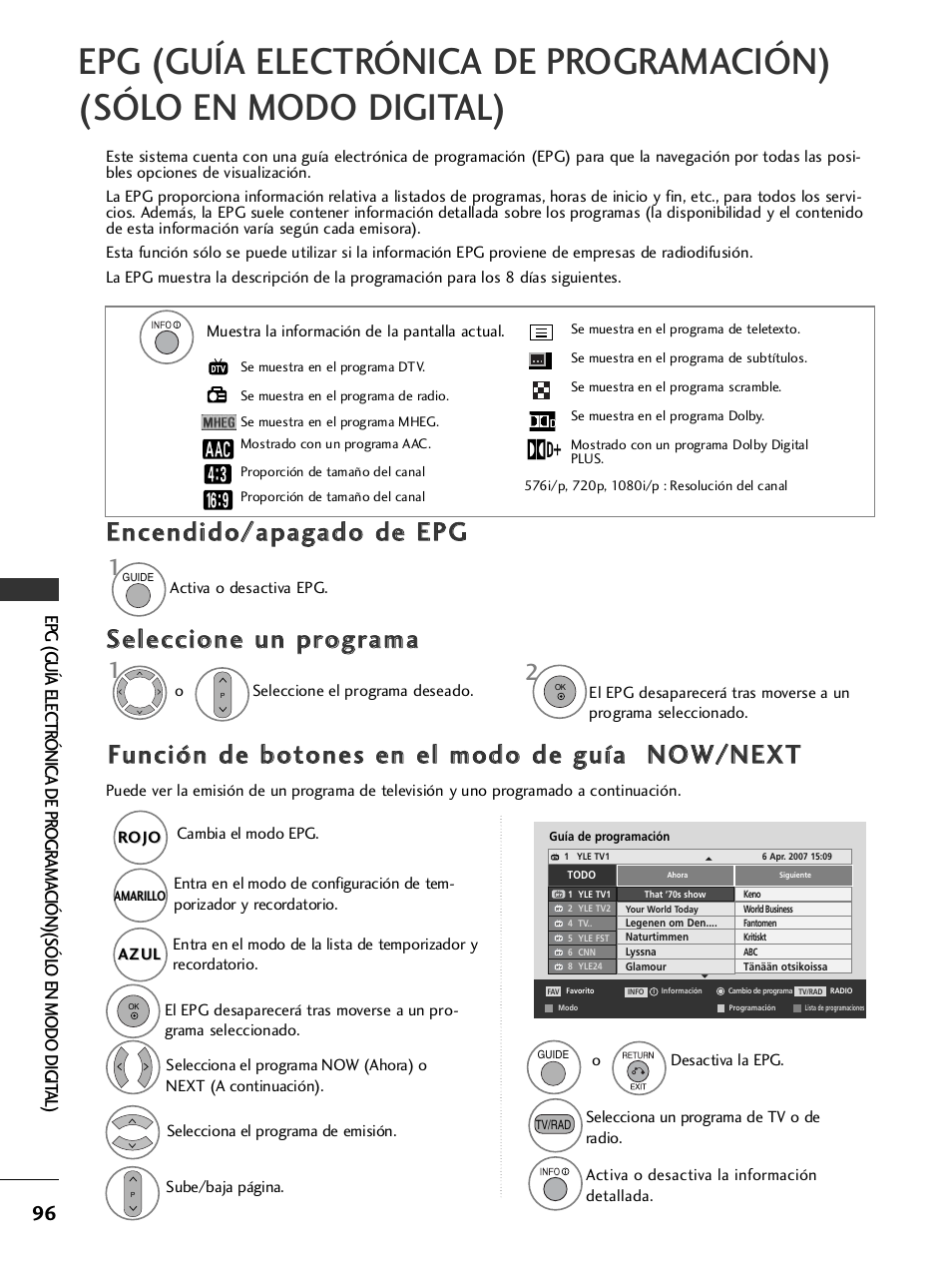 Encendido/apagado de epg, Función de botones en el modo de guía now/next | LG 26LH2000 User Manual | Page 98 / 162