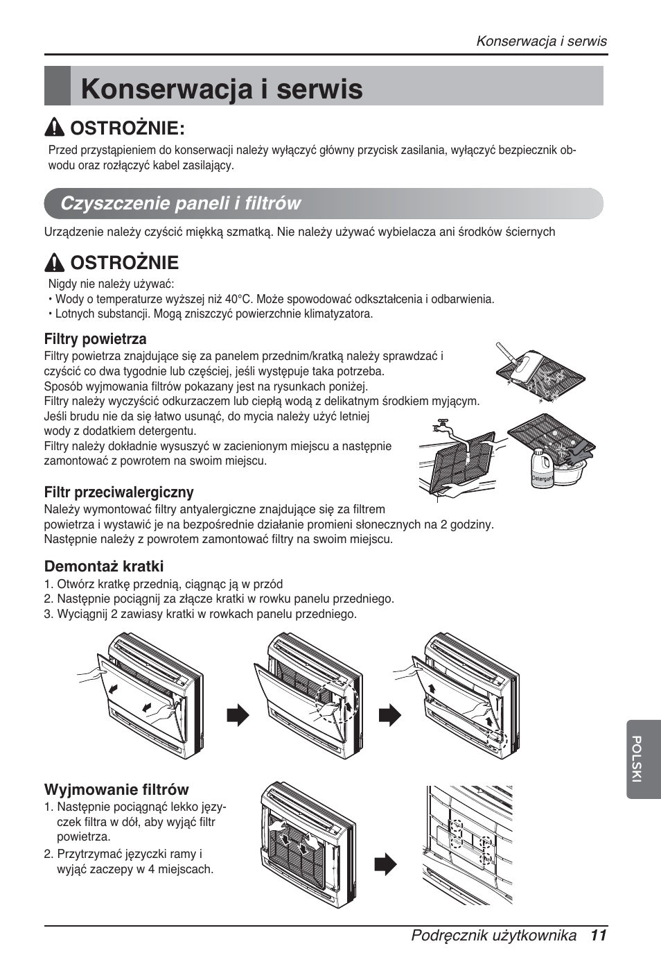 Konserwacja i serwis, Czyszczenie paneli i filtrów, Ostrożnie | LG ARNU15GQAA2 User Manual | Page 123 / 266