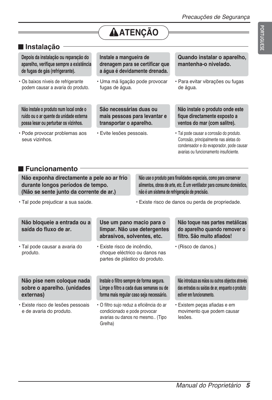 Atenção, N instalação, N funcionamento | LG ARNU15GQAA2 User Manual | Page 144 / 266