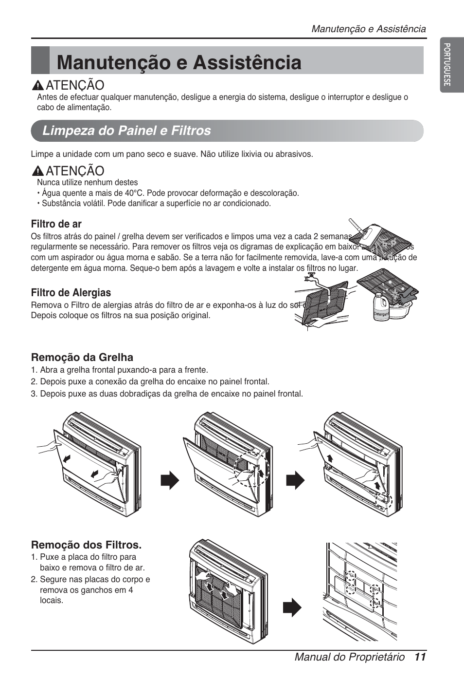 Manutenção e assistência, Atenção, Limpeza do painel e filtros | LG ARNU15GQAA2 User Manual | Page 150 / 266