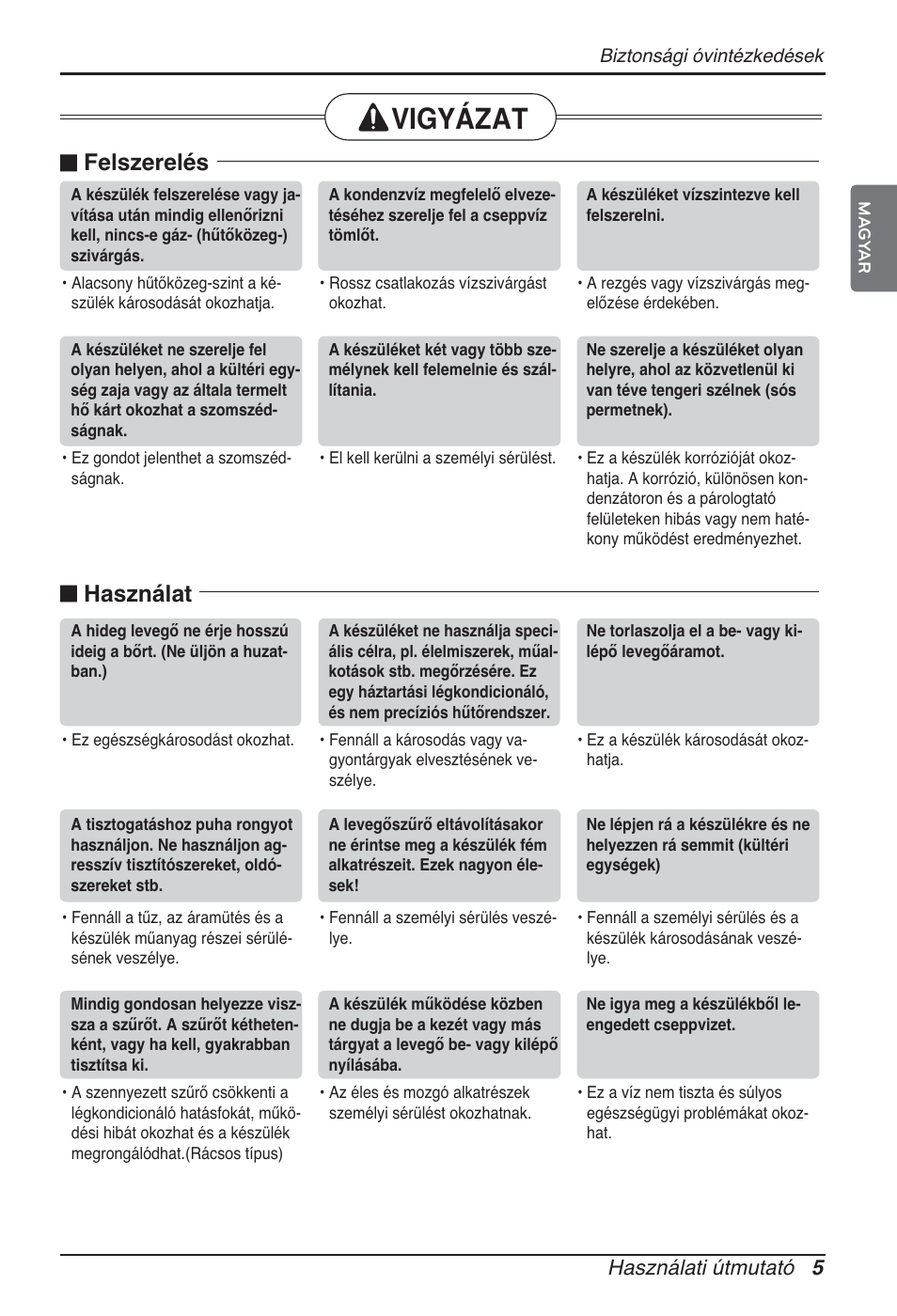 Vigyázat, N felszerelés, N használat | Használati útmutató 5 | LG ARNU15GQAA2 User Manual | Page 158 / 266