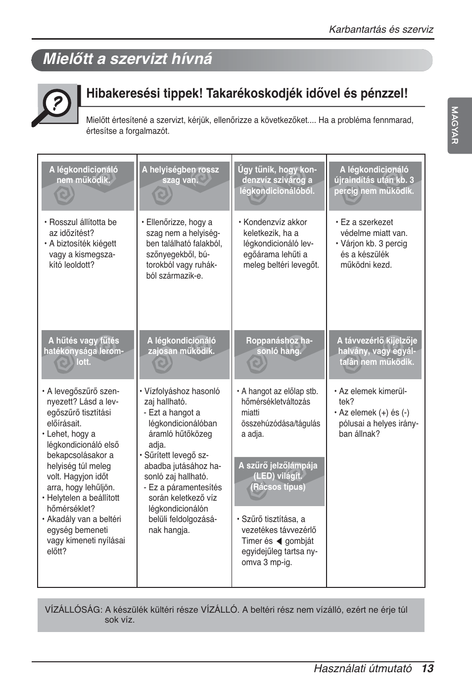 Mielőtt a szervizt hívná, Használati útmutató 13 | LG ARNU15GQAA2 User Manual | Page 166 / 266