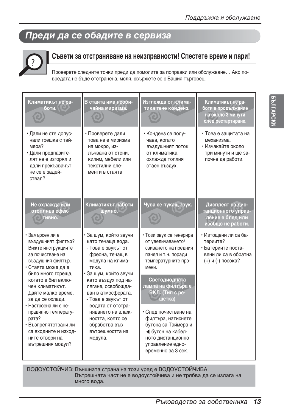 Преди да се обадите в сервиза, Ръководство за собственика 13 | LG ARNU15GQAA2 User Manual | Page 180 / 266