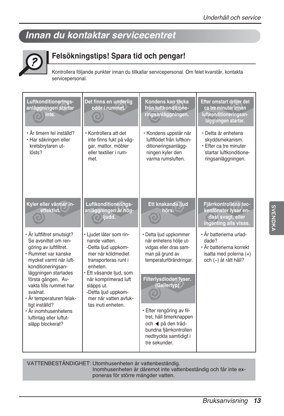 Innan du kontaktar servicecentret, Felsökningstips! spara tid och pengar, Bruksanvisning 13 | LG ARNU15GQAA2 User Manual | Page 222 / 266