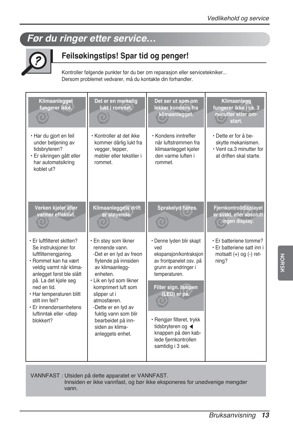 Før du ringer etter service, Feilsøkingstips! spar tid og penger, Bruksanvisning 13 | LG ARNU15GQAA2 User Manual | Page 236 / 266